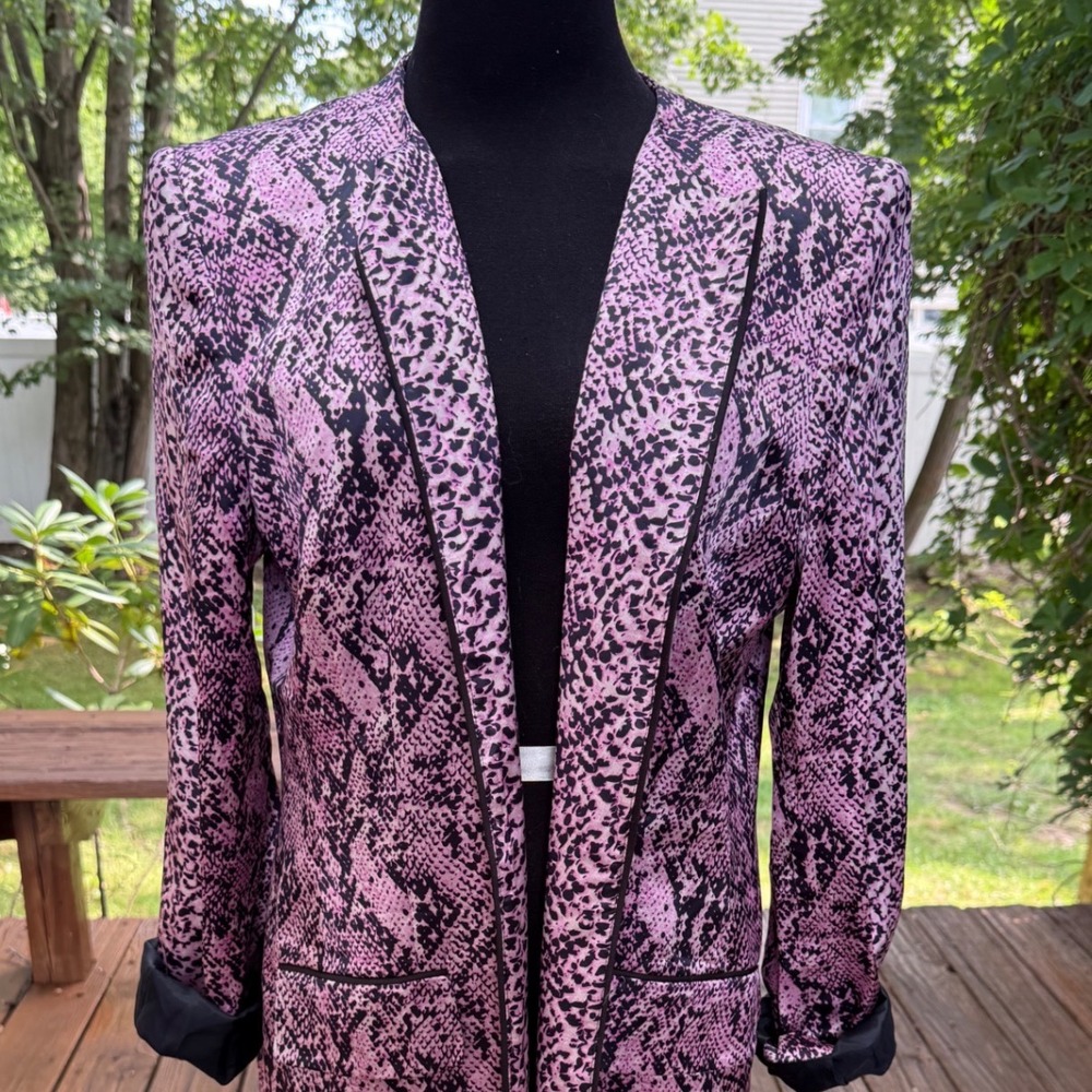 Anne Klein 100% Silk Snakeskin Print Longline Blazer Duster Jacket Pink Black 14